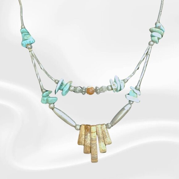 Turquoise Chip Bead Necklace | Layered Native Boho Tribal Jewelry | Statement Pe - Picture 1 of 5